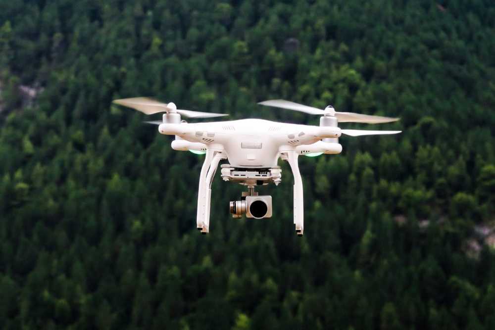 drone hovering over forest