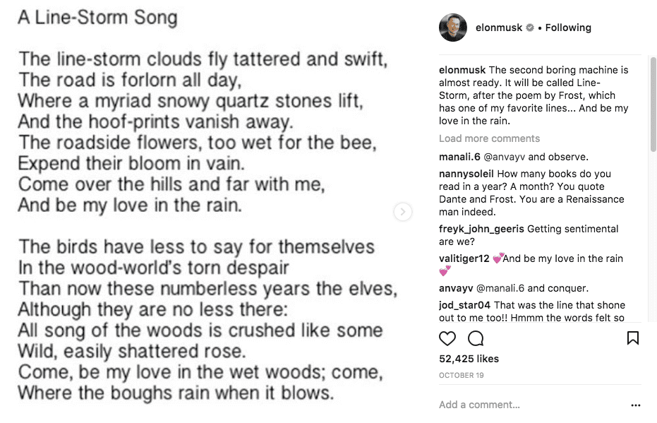screenshot of poetry post on instagram post by elon musk 