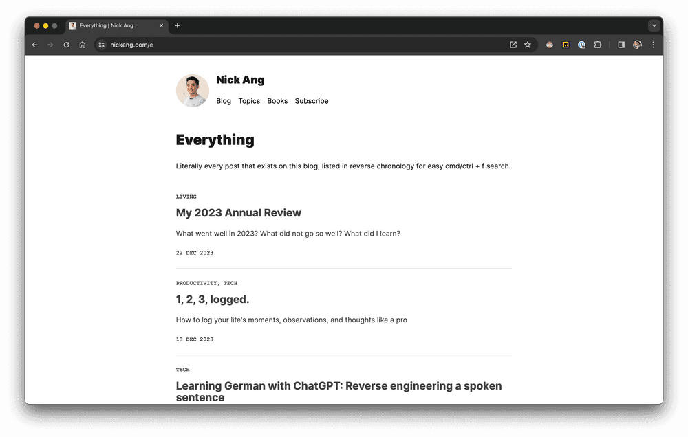 screenshot of blog listing page on nickang.com/e