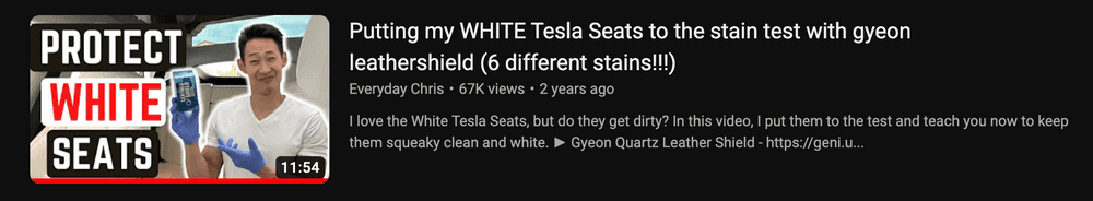 screenshot of youtube video about a man giving instructions for protecting white seats in a Tesla