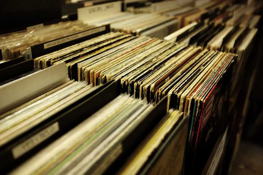 rack of old vinyl records